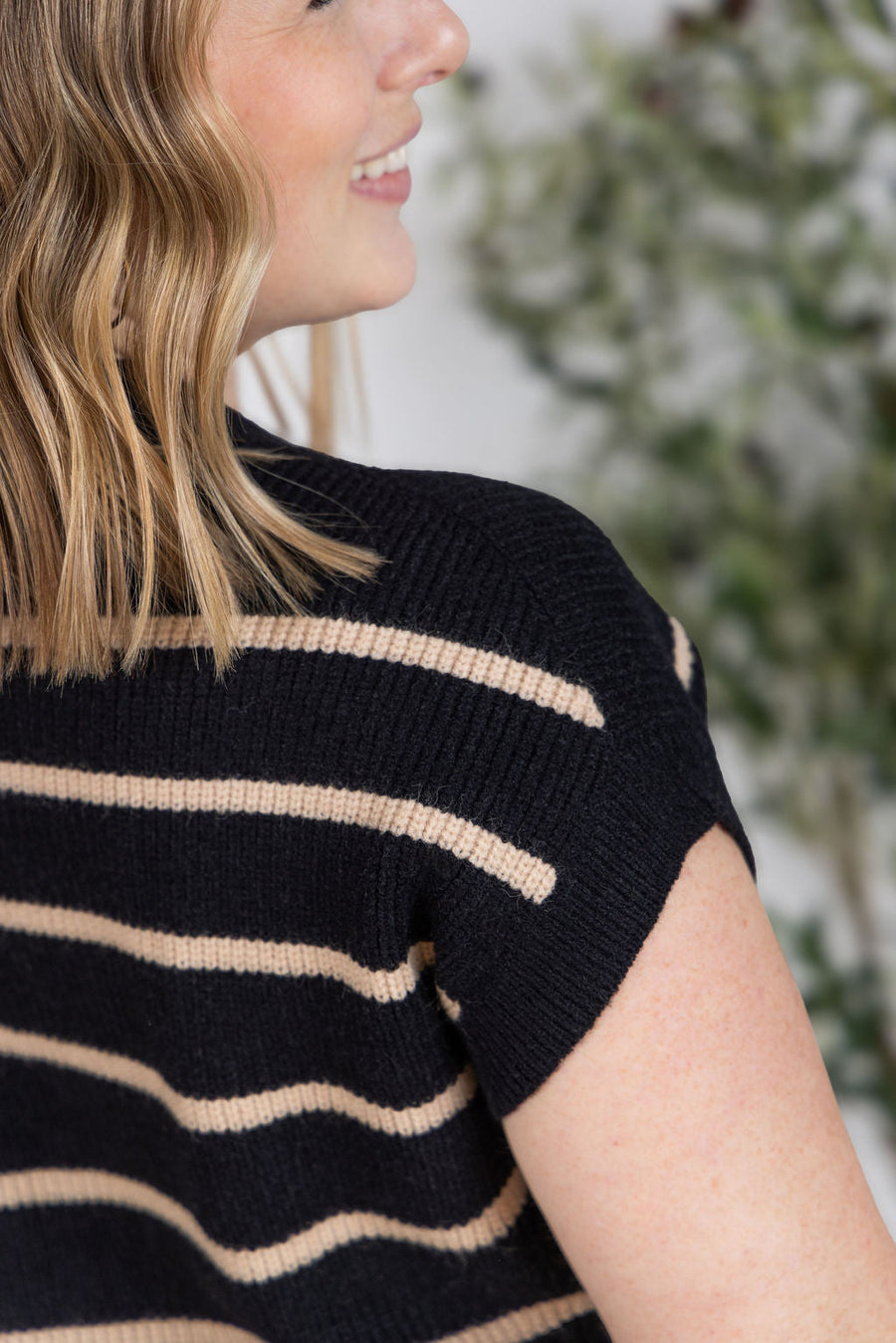 WAREHOUSE Striped Sweater Top - Black