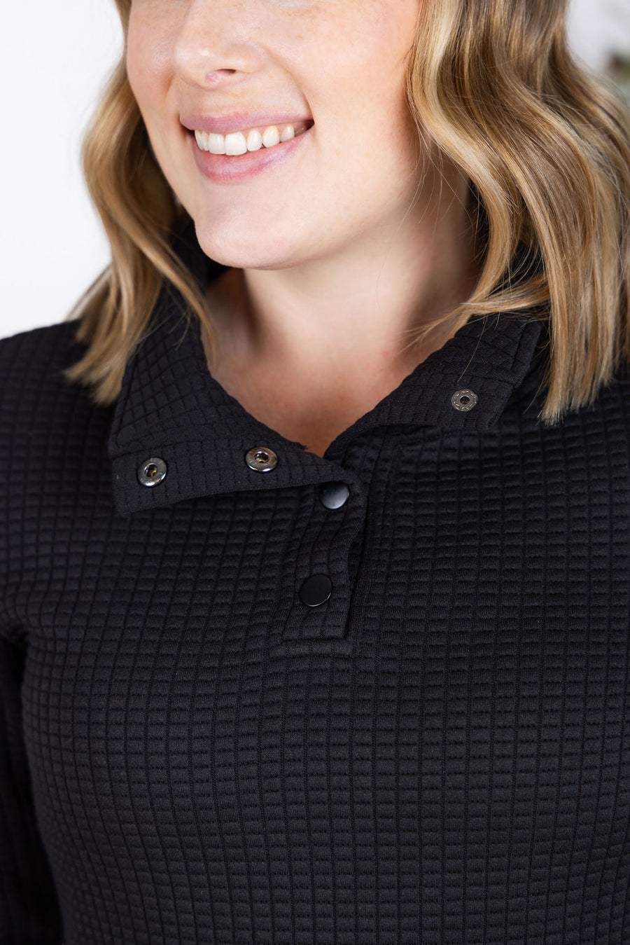 WAREHOUSE Whitley Waffle Snap Pullover - Black