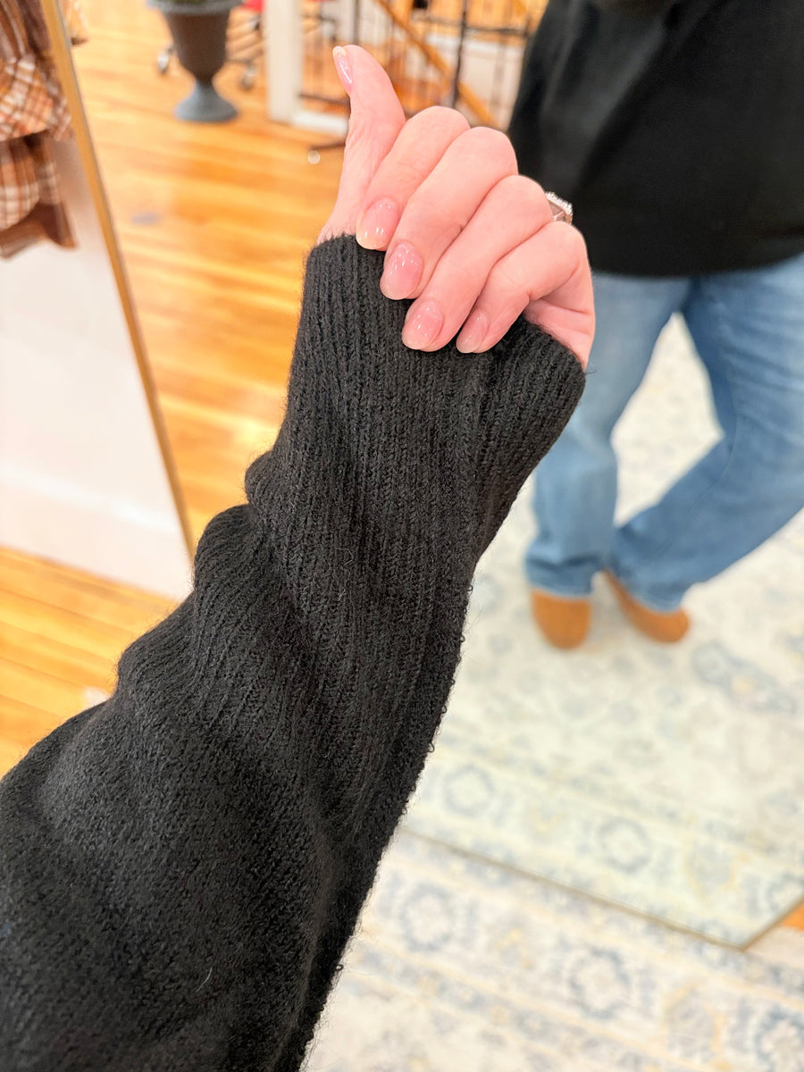 Melange Hi-Low Hem Pocket Sweater- Black