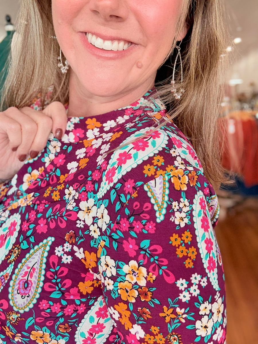 Lizzy 3/4 Sleeve Top- Burgundy Floral