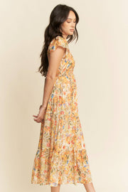 Smocked Bodice Flutter Sleeve Midi Dress- Sunshine Floral