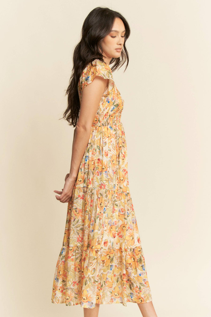 Smocked Bodice Flutter Sleeve Midi Dress- Sunshine Floral