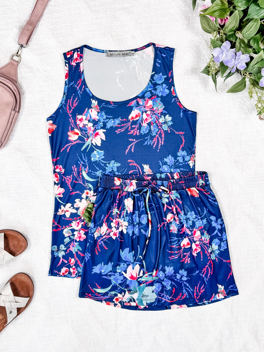 WAREHOUSE Luxe Crew Tank - Navy Floral Bliss