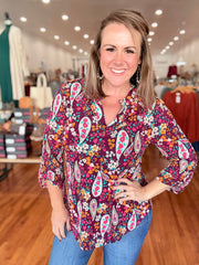 Lizzy 3/4 Sleeve Top- Burgundy Floral