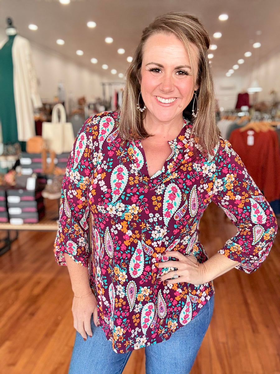 Lizzy 3/4 Sleeve Top- Burgundy Floral
