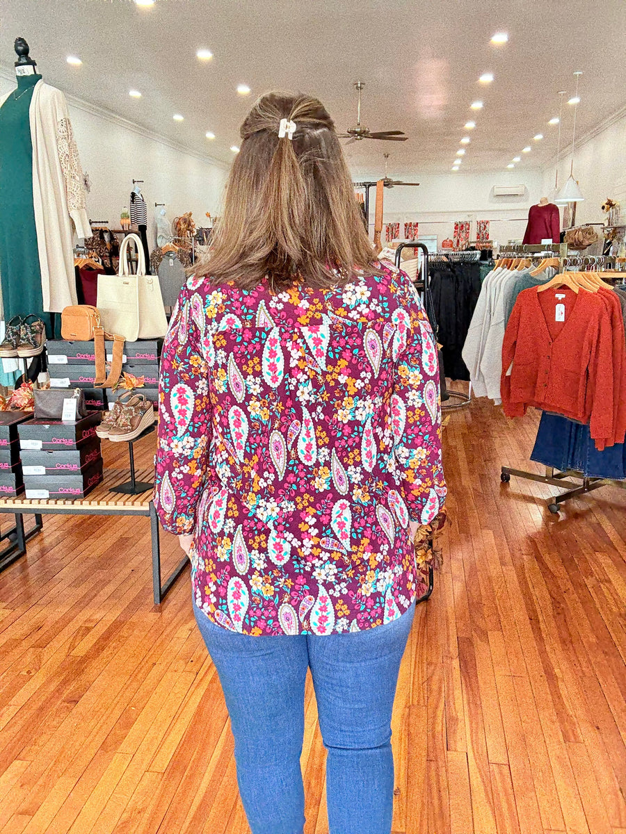 Lizzy 3/4 Sleeve Top- Burgundy Floral