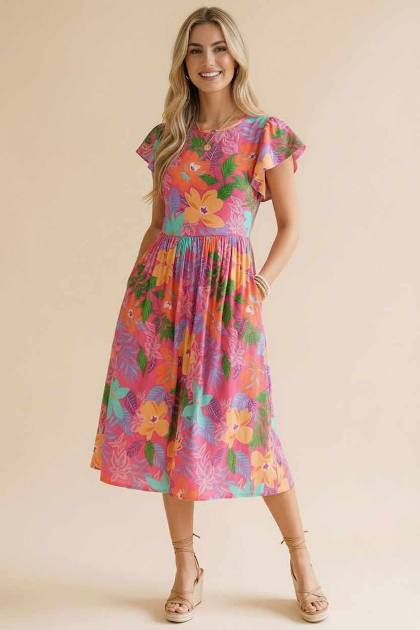 Ruffle Sleeve Floral Dress- Tropical Pink