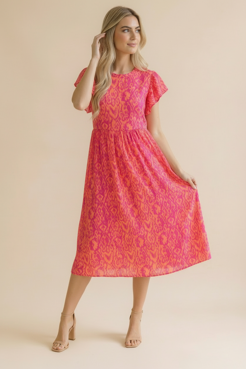 Ruffle Sleeve Babydoll Dress- Coral & Pink