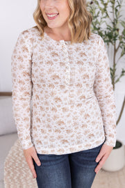 WAREHOUSE Button Snap Henley Top - Tan Micro Floral