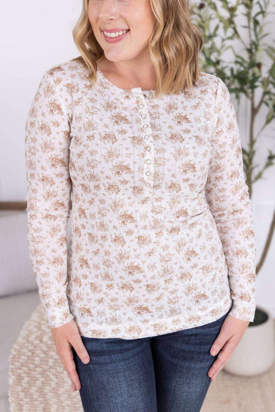 WAREHOUSE Button Snap Henley Top - Tan Micro Floral