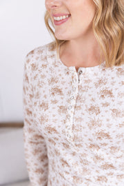 WAREHOUSE Button Snap Henley Top - Tan Micro Floral