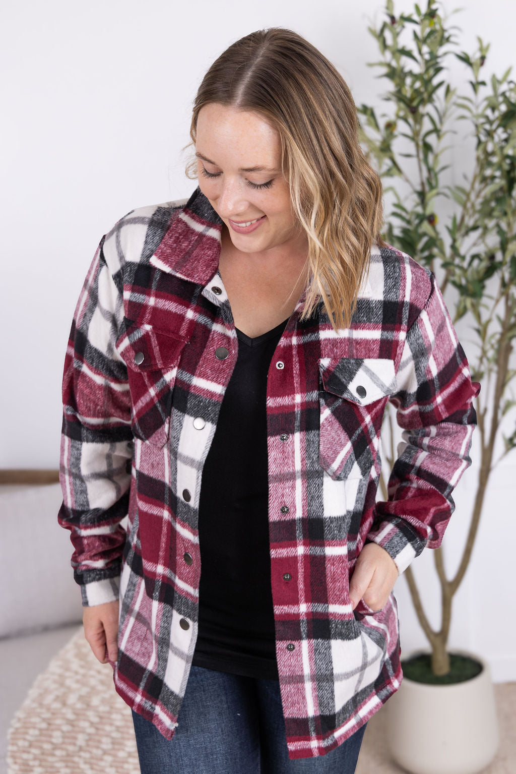 WAREHOUSE Norah Plaid Shacket - Merlot Mix