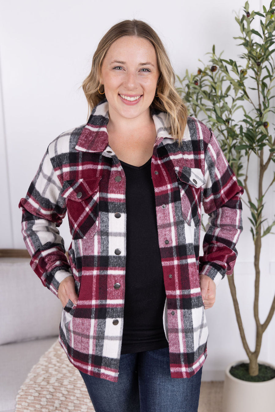 WAREHOUSE Norah Plaid Shacket - Merlot Mix