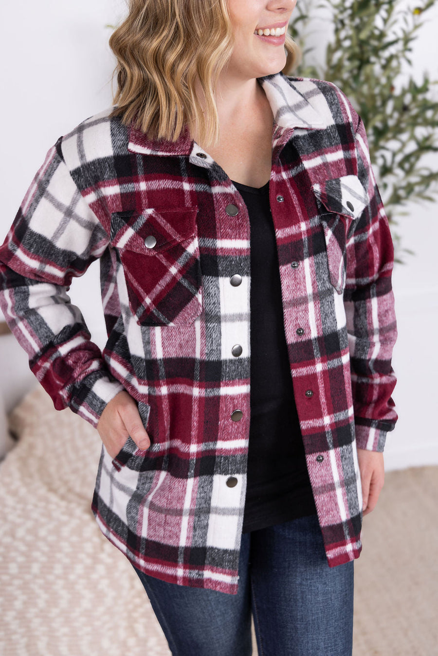 WAREHOUSE Norah Plaid Shacket - Merlot Mix