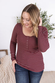 WAREHOUSE Striped Henley Long Sleeve - Burgundy