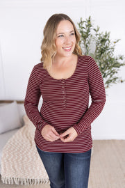WAREHOUSE Striped Henley Long Sleeve - Burgundy