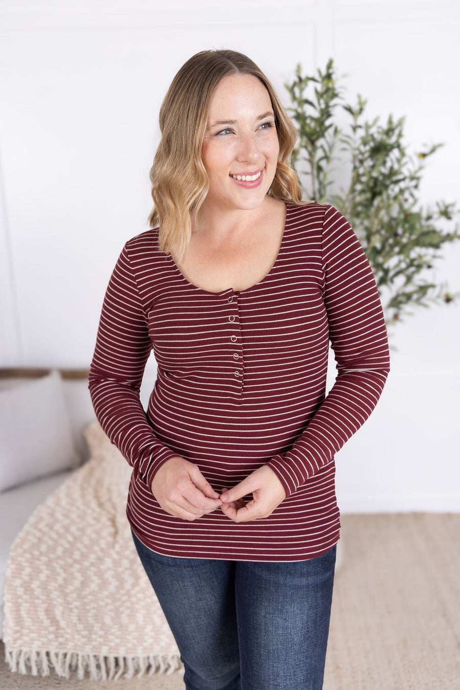 WAREHOUSE Striped Henley Long Sleeve - Burgundy