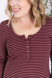 WAREHOUSE Striped Henley Long Sleeve - Burgundy