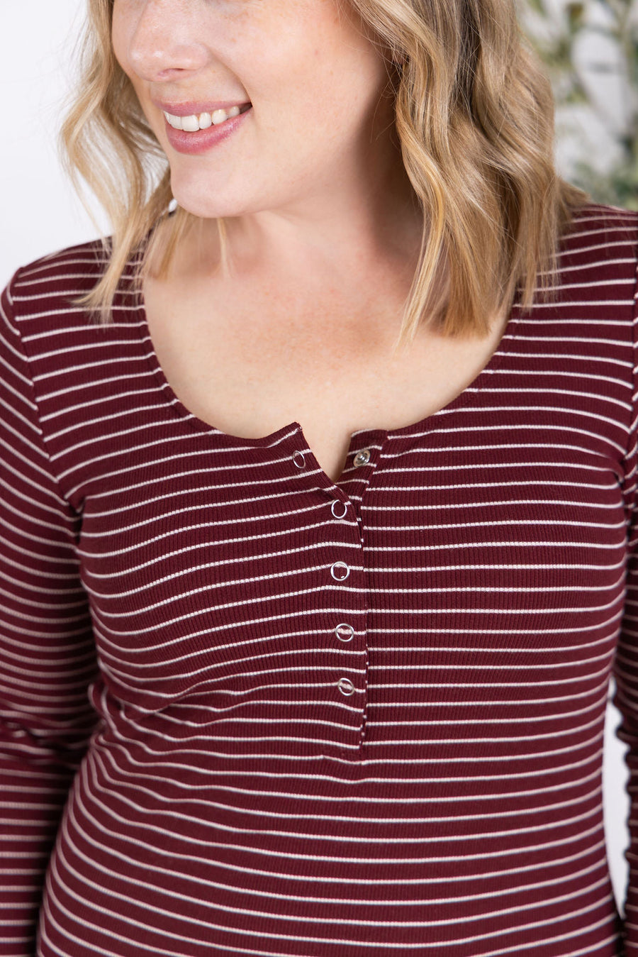 WAREHOUSE Striped Henley Long Sleeve - Burgundy