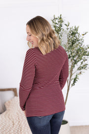 WAREHOUSE Striped Henley Long Sleeve - Burgundy