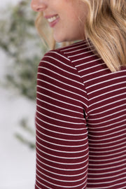 WAREHOUSE Striped Henley Long Sleeve - Burgundy