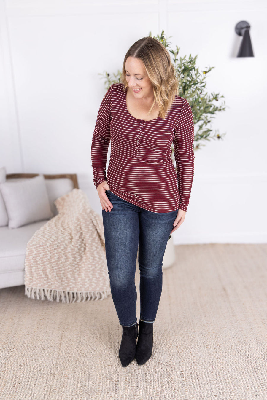 WAREHOUSE Striped Henley Long Sleeve - Burgundy