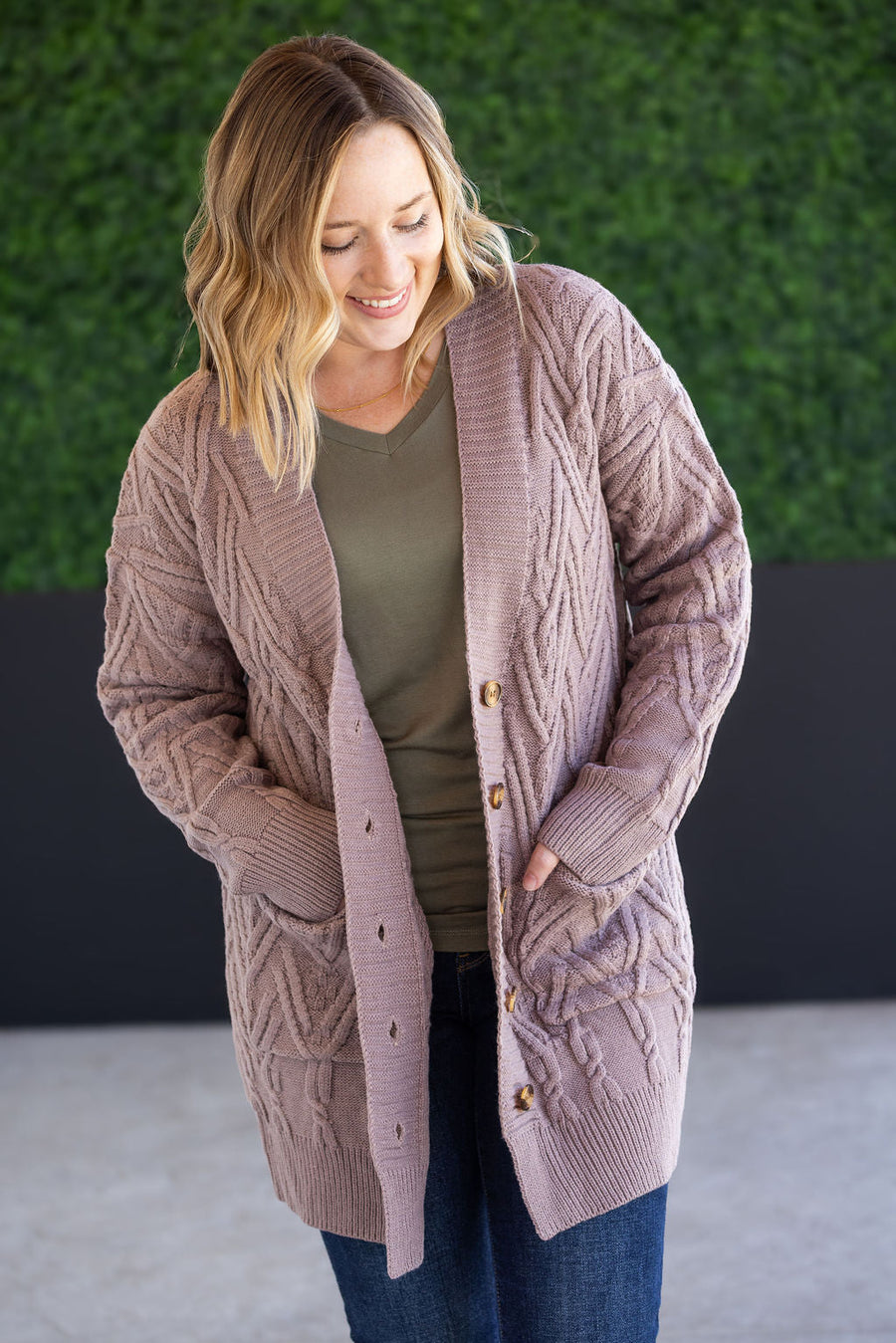 WAREHOUSE Brooks Button Sweater Cardigan - Light Mocha
