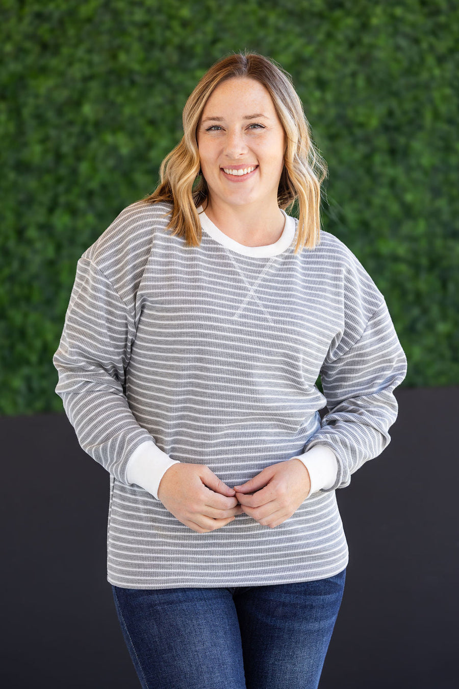 WAREHOUSE Lola Striped Thermal Top - Grey