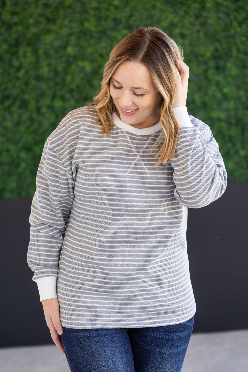 WAREHOUSE Lola Striped Thermal Top - Grey