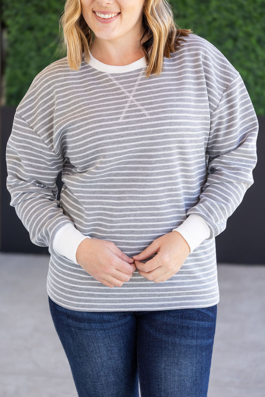 WAREHOUSE Lola Striped Thermal Top - Grey