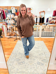 Melange Hi-Low Hem Pocket Sweater- Chocolate