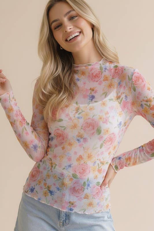 Sheer Mesh Top- Coral & Yellow Floral