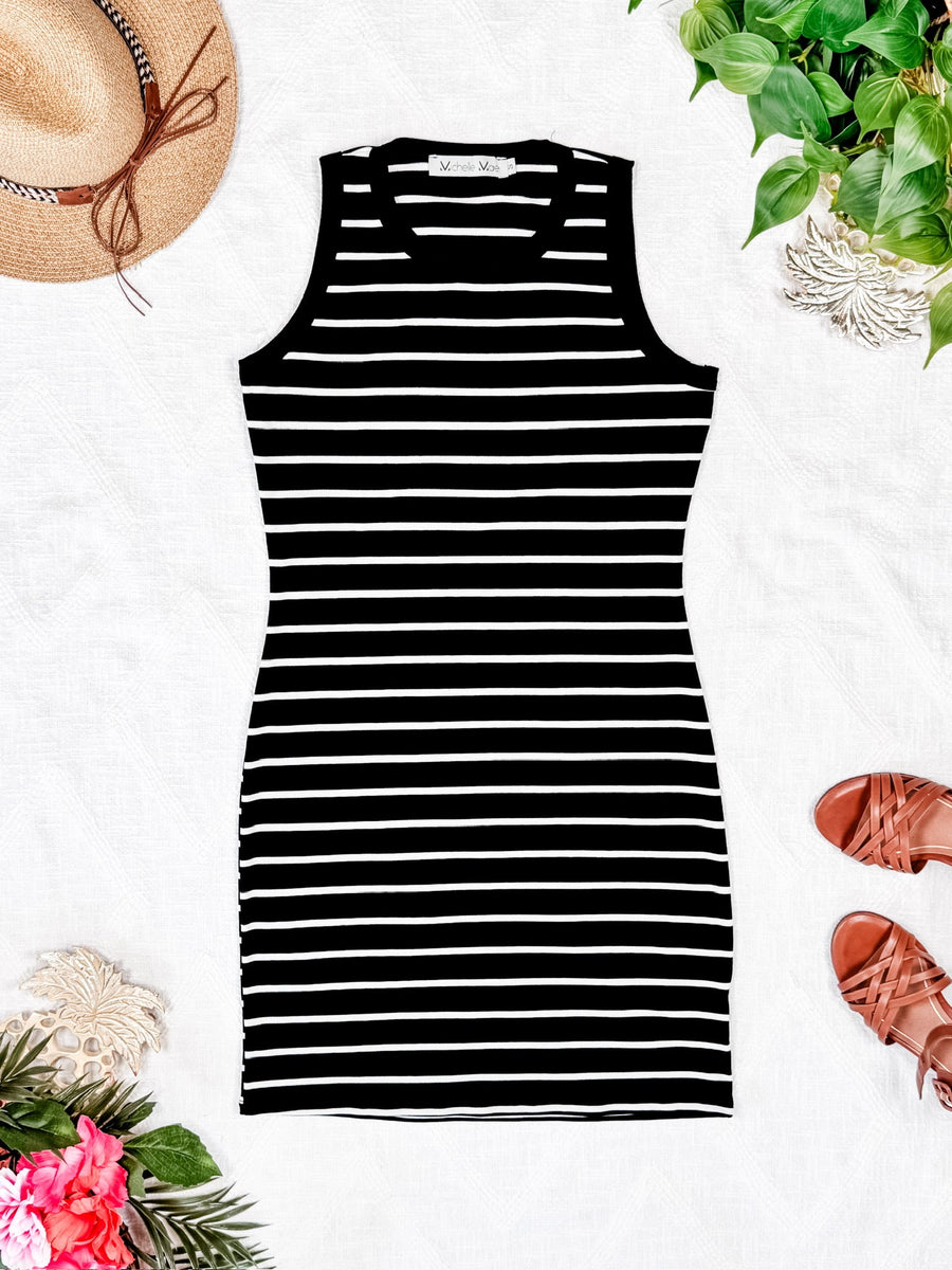 WAREHOUSE Mariah Ribbed Dress - Black Stripes