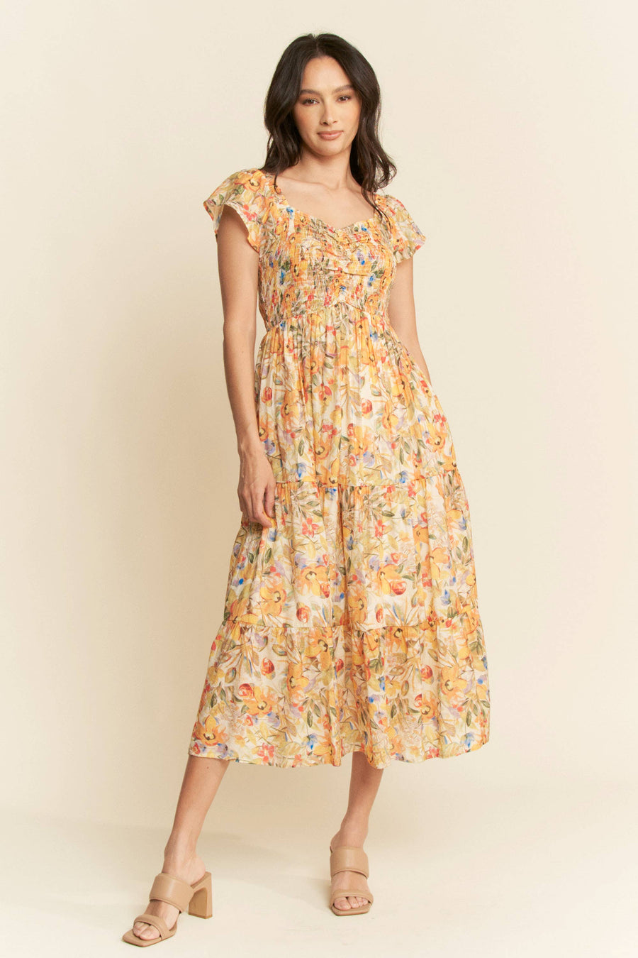 Smocked Bodice Flutter Sleeve Midi Dress- Sunshine Floral
