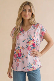 V-Neck Floral Blouse- Blush