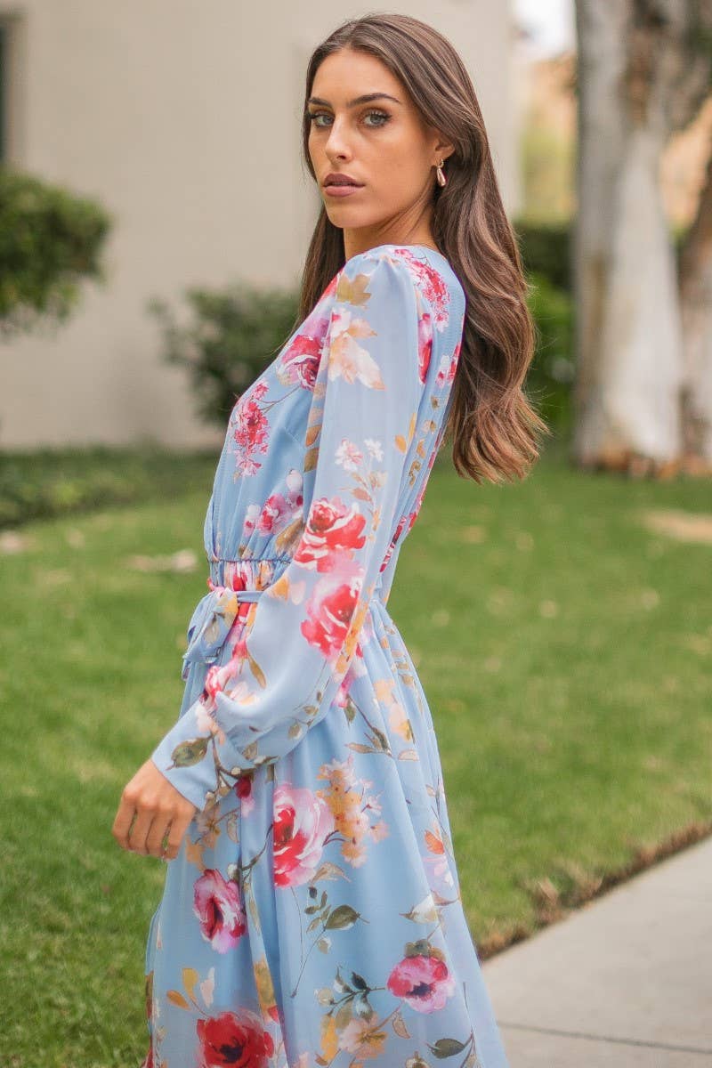 Faux Wrap Hi Low Dress- Perwinkle Floral