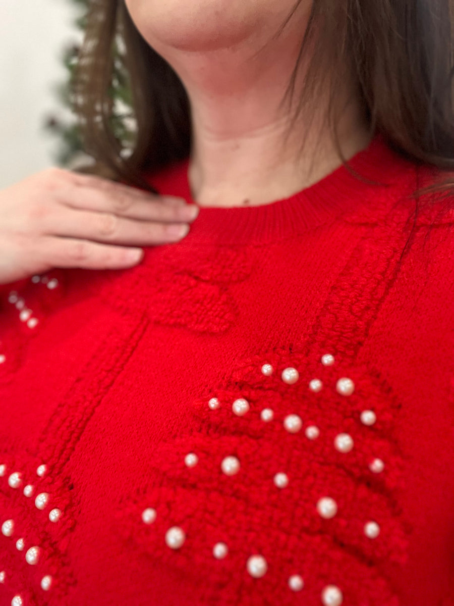 Pearl Christmas Tree Sweater- Holiday Red