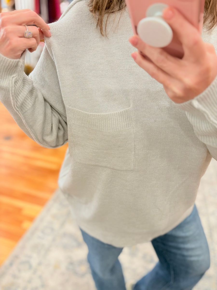 Melange Hi-Low Hem Pocket Sweater- Soft Cream