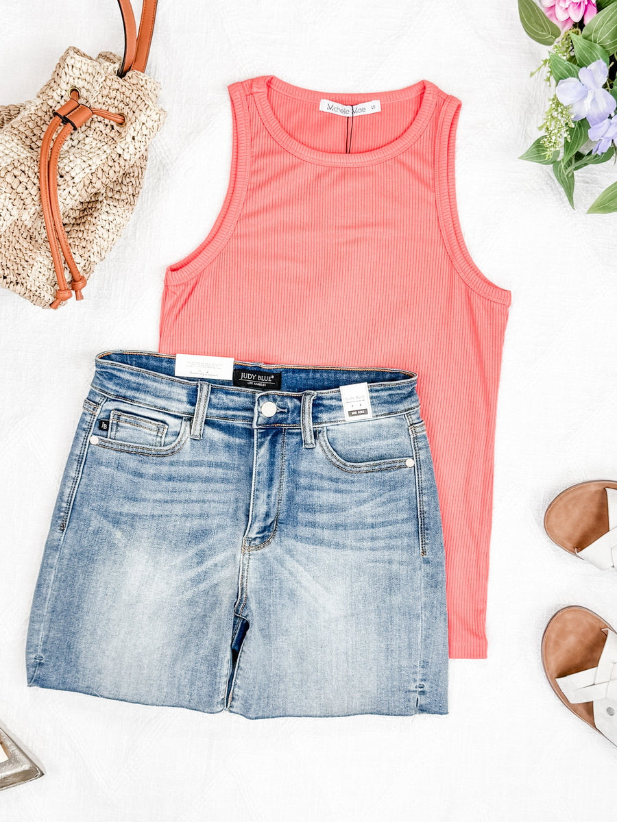 WAREHOUSE Tara Ribbed Tank - Coral