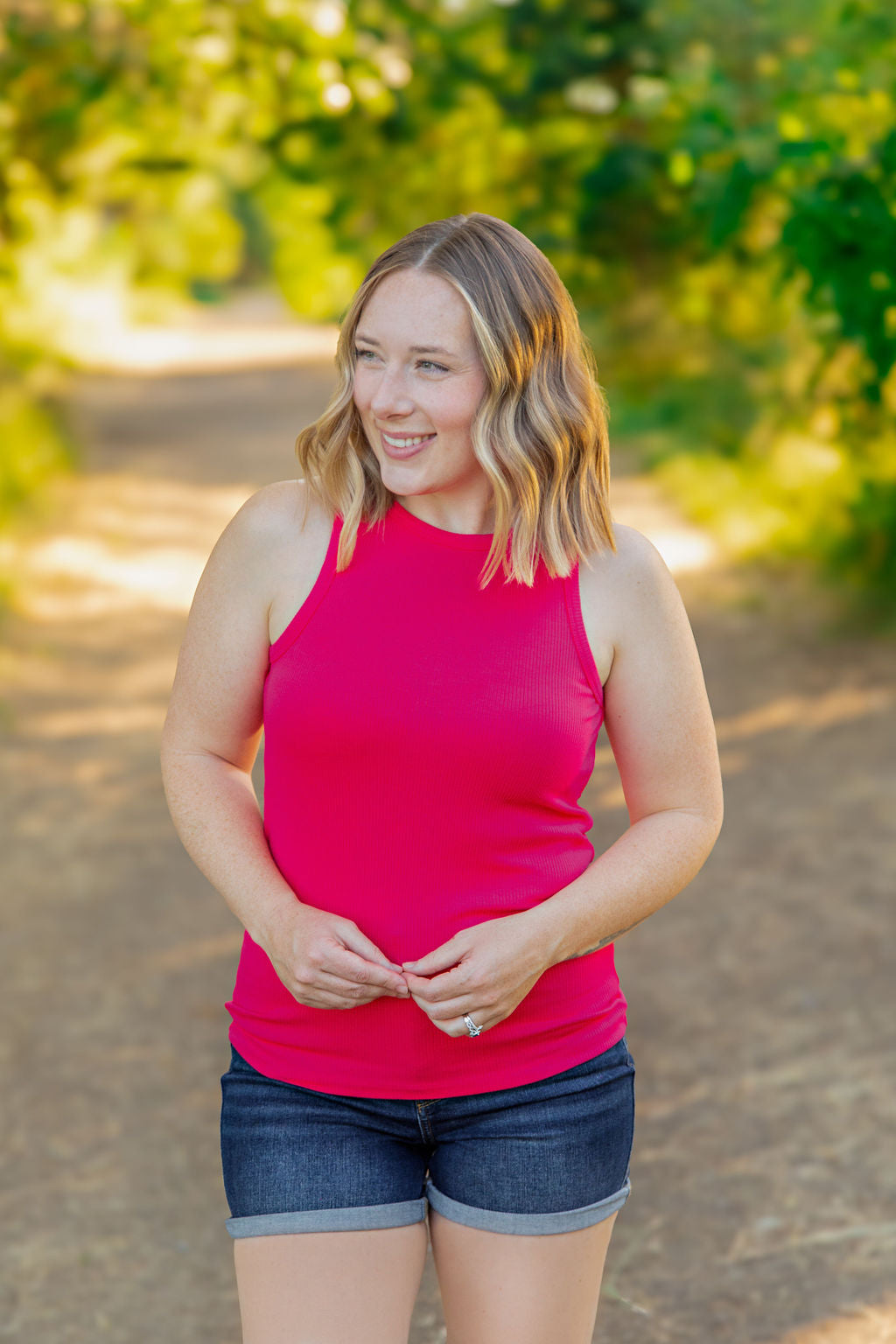 WAREHOUSE Tara Ribbed Tank - Hot Pink