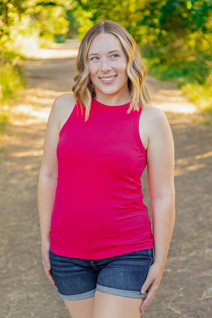 WAREHOUSE Tara Ribbed Tank - Hot Pink
