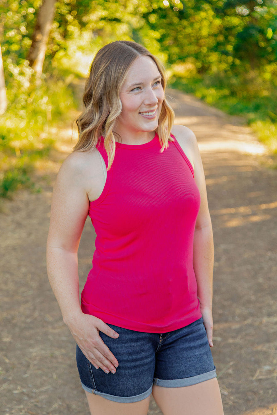 WAREHOUSE Tara Ribbed Tank - Hot Pink