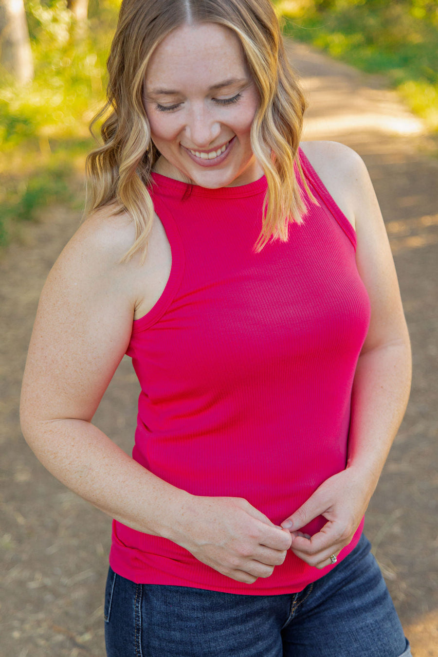 WAREHOUSE Tara Ribbed Tank - Hot Pink