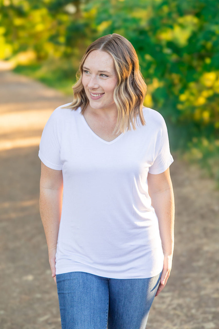 WAREHOUSE Chloe Cozy Tee - White | Women's V-Neck Top