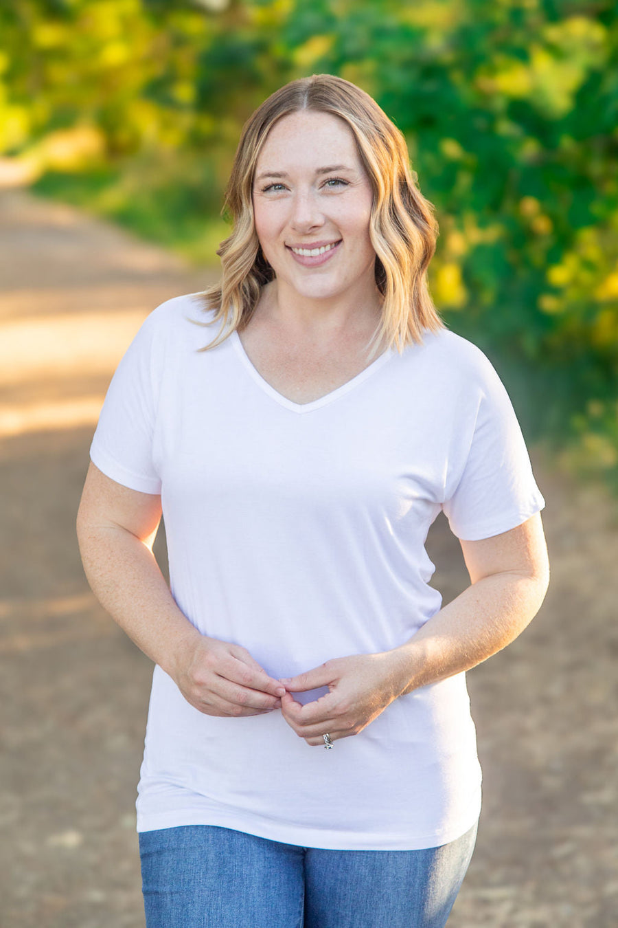 WAREHOUSE Chloe Cozy Tee - White | Women's V-Neck Top