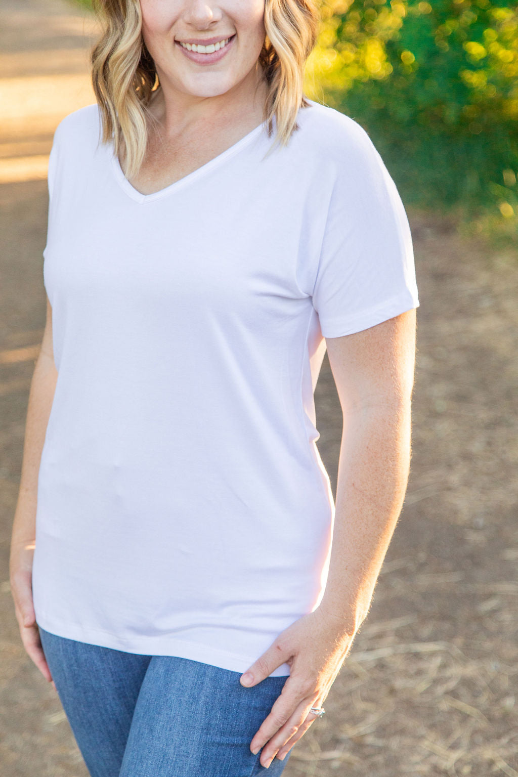 WAREHOUSE Chloe Cozy Tee - White | Women's V-Neck Top