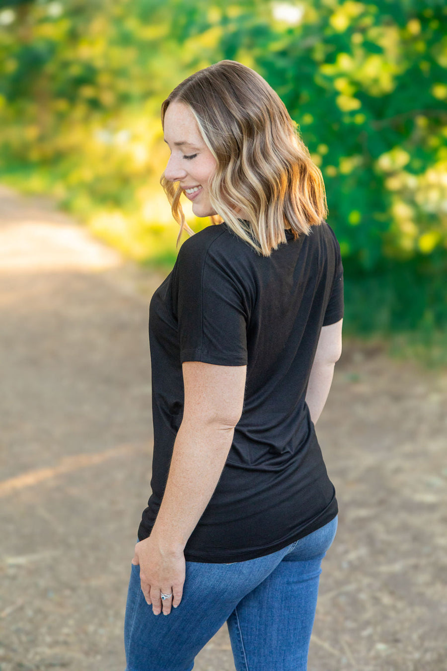 WAREHOUSE Chloe Cozy Tee - Black | Women's V-Neck Top