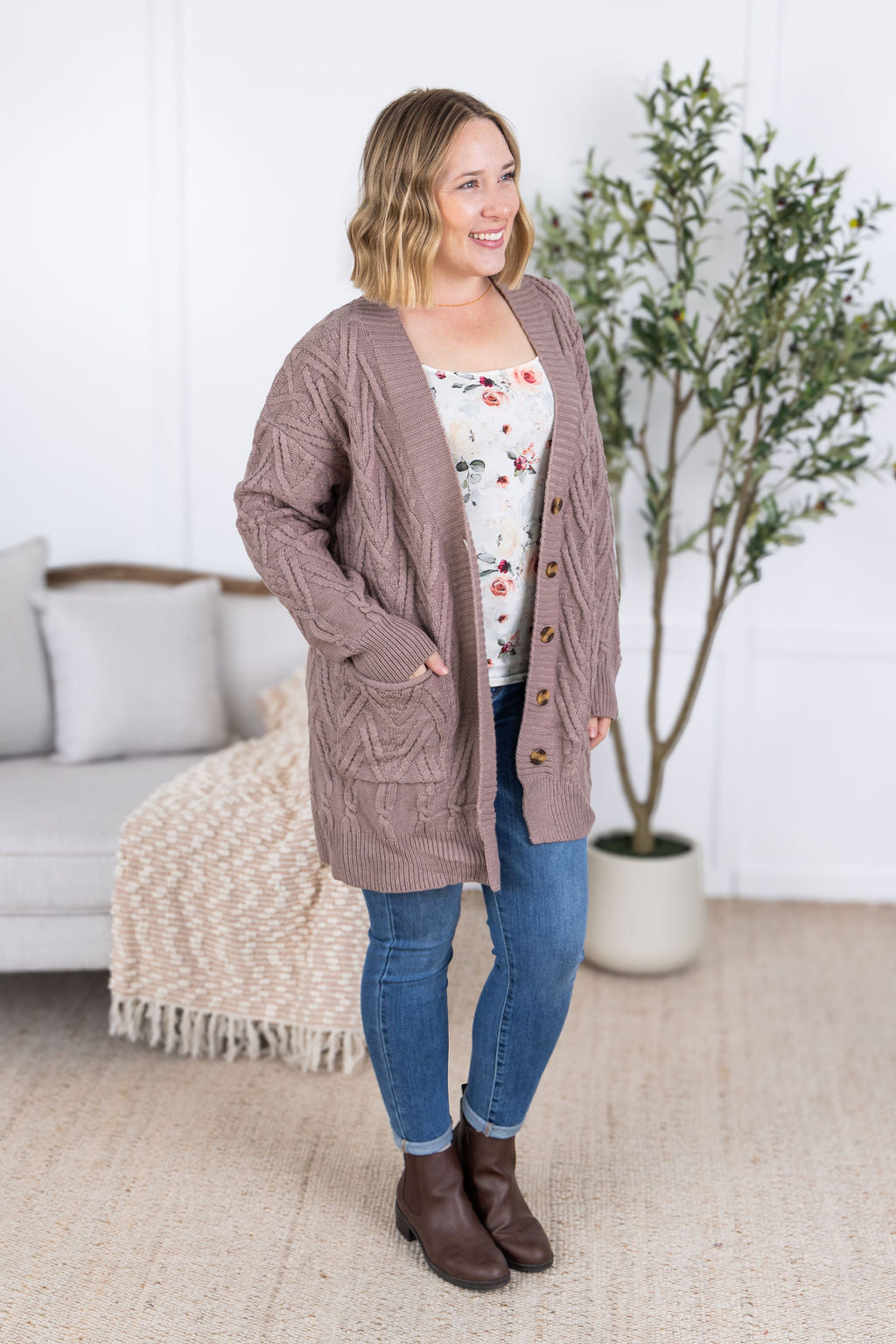 WAREHOUSE Brooks Button Sweater Cardigan - Light Mocha
