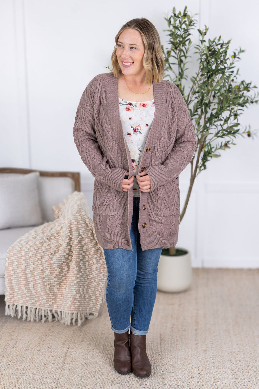 WAREHOUSE Brooks Button Sweater Cardigan - Light Mocha