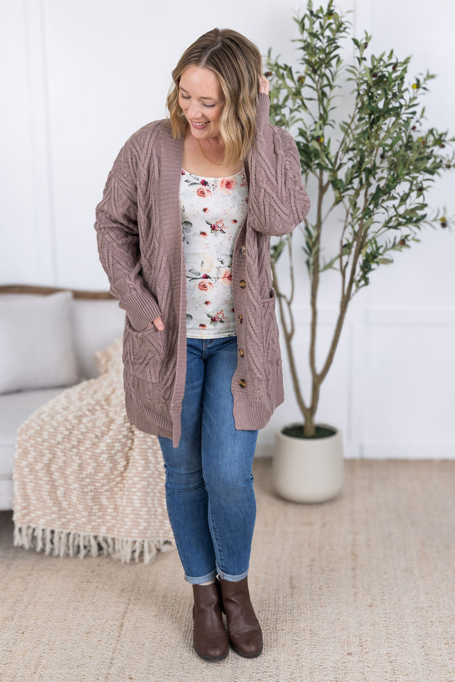 WAREHOUSE Brooks Button Sweater Cardigan - Light Mocha
